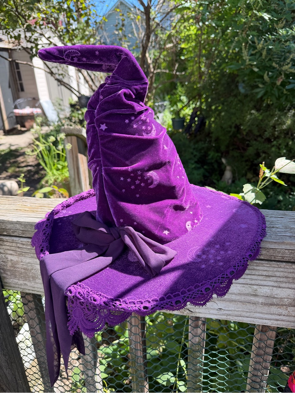 Purple Velour Witch Hat Sun Moon Stars With Lace Edge Ribbon Spirit Preowned